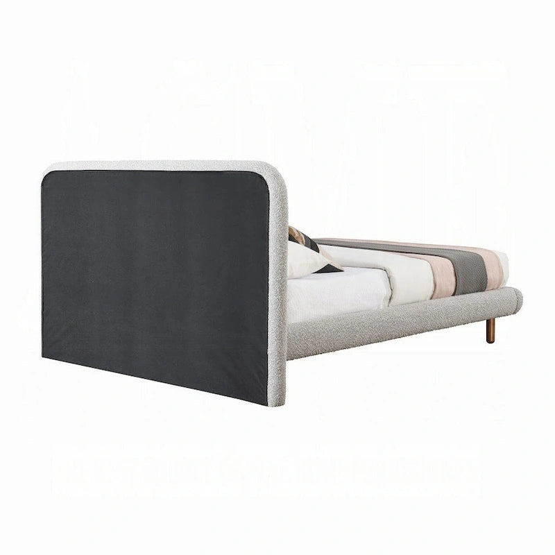 King Size Bed, Curved Edges, Gray Boucle Upholstery, Brown Wood