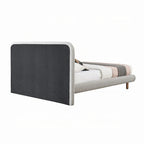 King Size Bed, Curved Edges, Gray Boucle Upholstery, Brown Wood