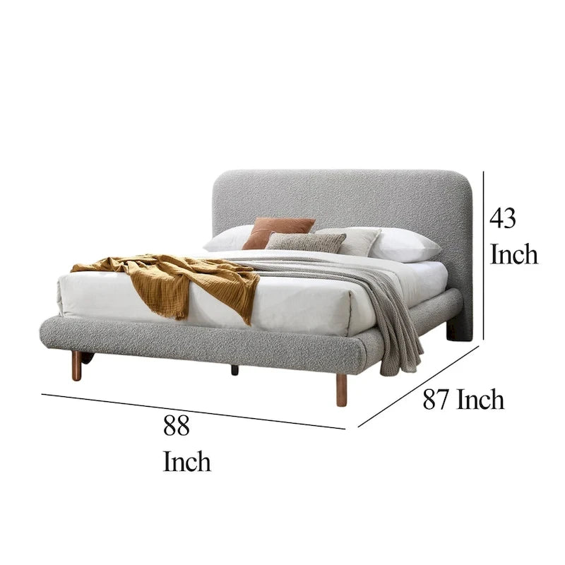 King Size Bed, Curved Edges, Gray Boucle Upholstery, Brown Wood