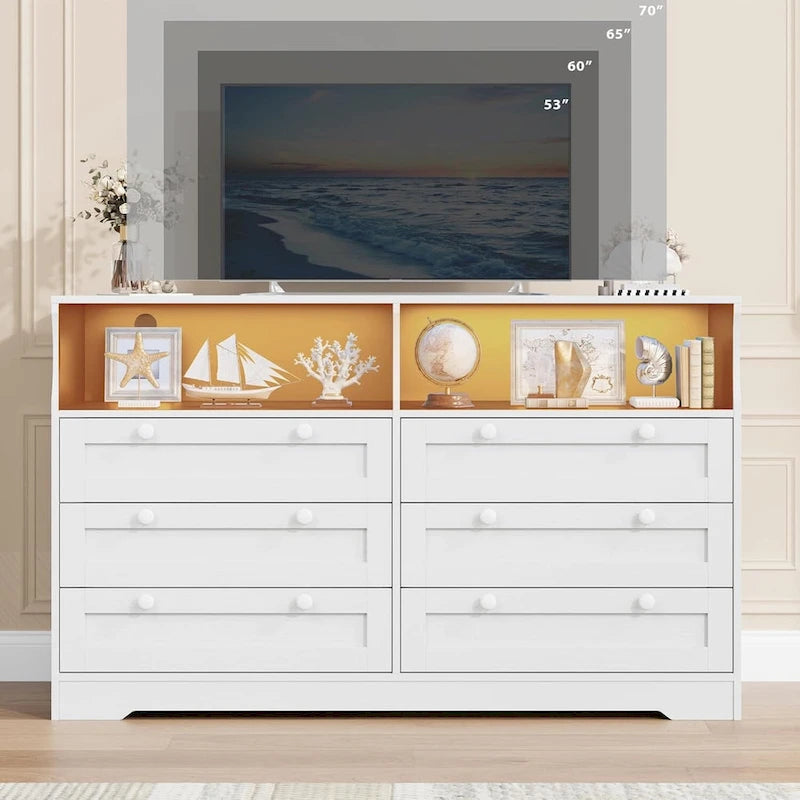 55 Wide Dresser, Wooden 6 Drawer Dresser with Led Light, Wood Dresser with Large Capacity Storage