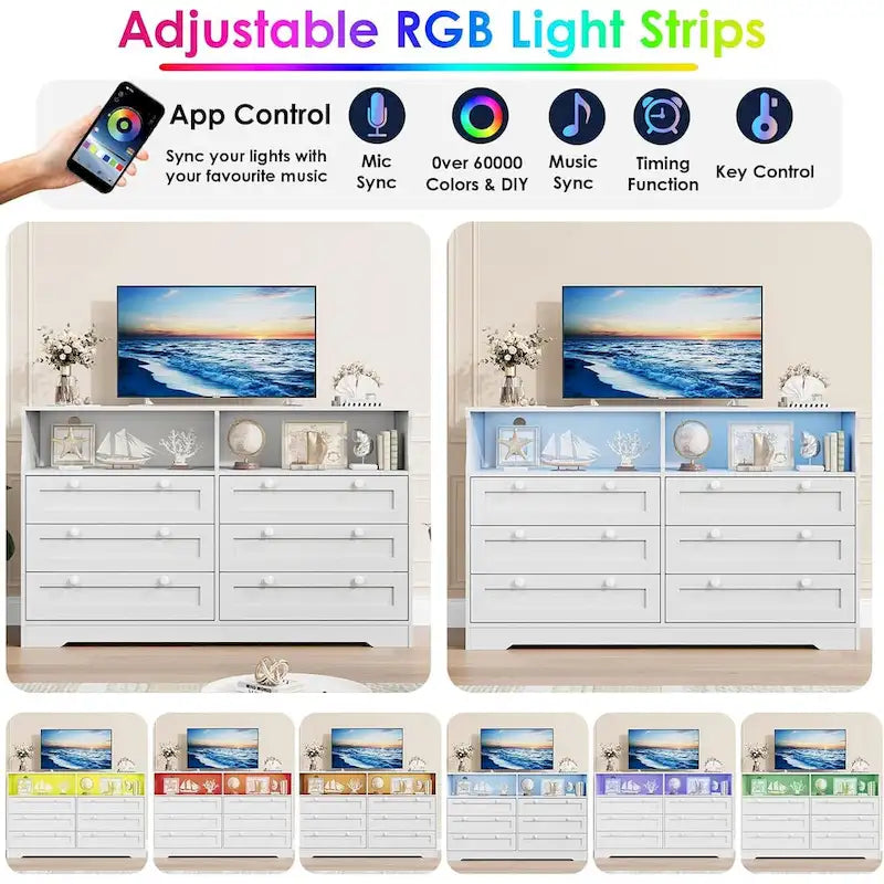 55 Wide Dresser, Wooden 6 Drawer Dresser with Led Light, Wood Dresser with Large Capacity Storage