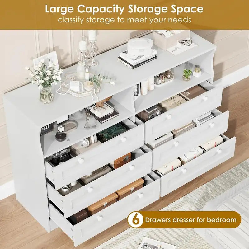 55 Wide Dresser, Wooden 6 Drawer Dresser with Led Light, Wood Dresser with Large Capacity Storage