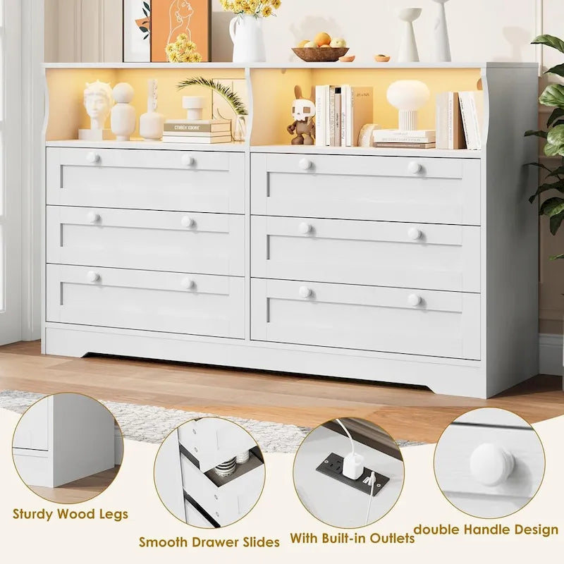 55 Wide Dresser, Wooden 6 Drawer Dresser with Led Light, Wood Dresser with Large Capacity Storage