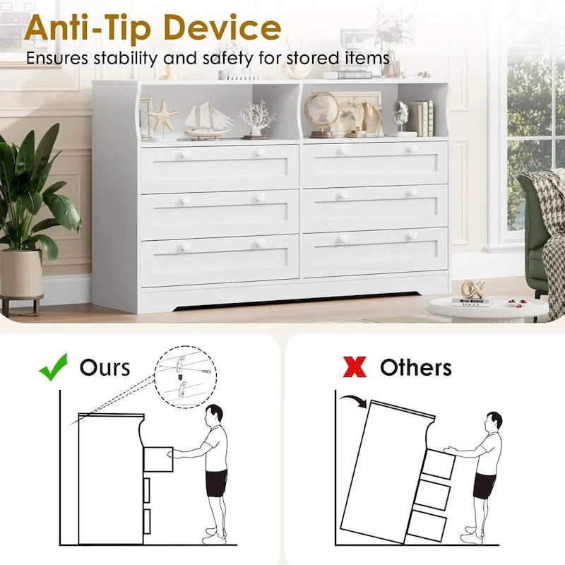 55 Wide Dresser, Wooden 6 Drawer Dresser with Led Light, Wood Dresser with Large Capacity Storage