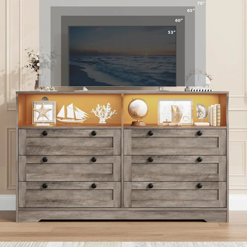 55 Wide Dresser, Wooden 6 Drawer Dresser with Led Light, Wood Dresser with Large Capacity Storage