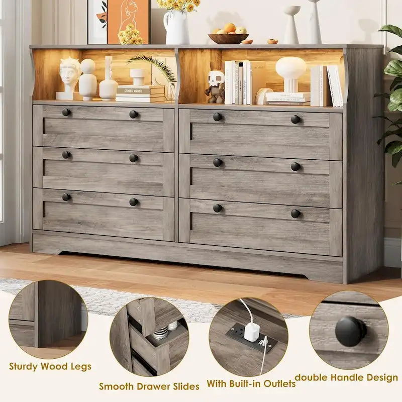 55 Wide Dresser, Wooden 6 Drawer Dresser with Led Light, Wood Dresser with Large Capacity Storage