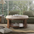 Geoffrey Transitional Round Natural Wood Open-Shelf Tufted Ottoman with Wheels by Furniture of America