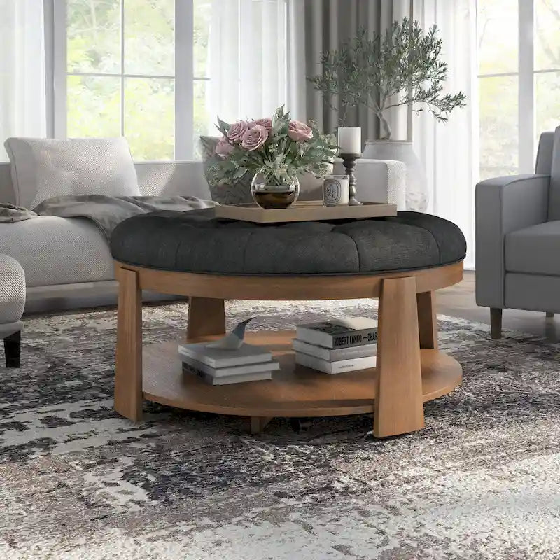Transitional Round Natural Wood Open-Shelf Tufted Ottoman with Wheels