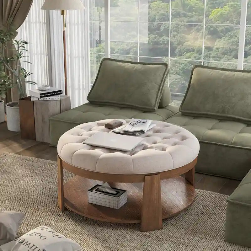 Transitional Round Natural Wood Open-Shelf Tufted Ottoman with Wheels