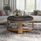 Transitional Round Natural Wood Open-Shelf Tufted Ottoman with Wheels