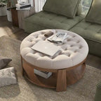 Transitional Round Natural Wood Open-Shelf Tufted Ottoman with Wheels
