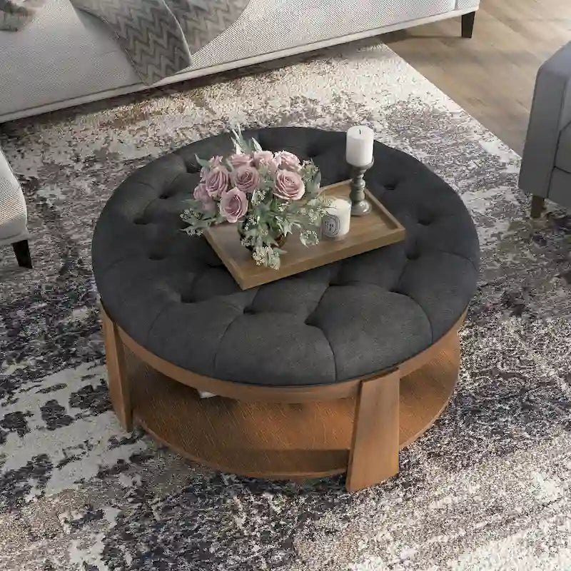 Transitional Round Natural Wood Open-Shelf Tufted Ottoman with Wheels