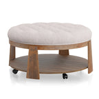 Transitional Round Natural Wood Open-Shelf Tufted Ottoman with Wheels