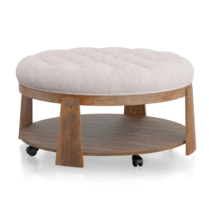 Transitional Round Natural Wood Open-Shelf Tufted Ottoman with Wheels
