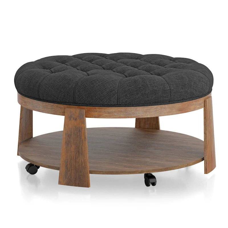 Transitional Round Natural Wood Open-Shelf Tufted Ottoman with Wheels