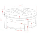 Transitional Round Natural Wood Open-Shelf Tufted Ottoman with Wheels