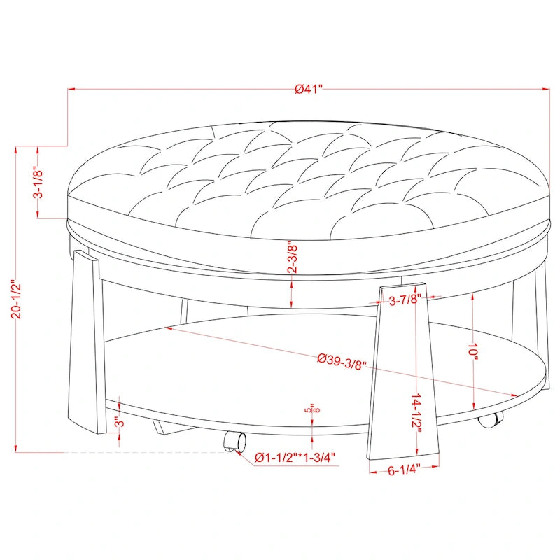 Transitional Round Natural Wood Open-Shelf Tufted Ottoman with Wheels