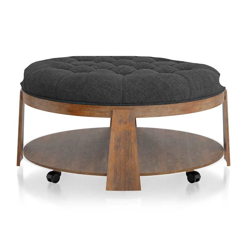 Transitional Round Natural Wood Open-Shelf Tufted Ottoman with Wheels