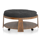 Transitional Round Natural Wood Open-Shelf Tufted Ottoman with Wheels