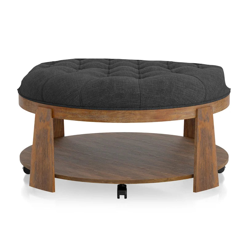 Transitional Round Natural Wood Open-Shelf Tufted Ottoman with Wheels