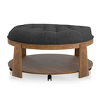 Transitional Round Natural Wood Open-Shelf Tufted Ottoman with Wheels