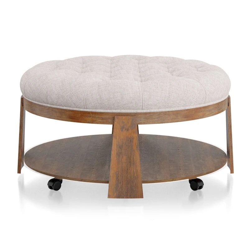 Transitional Round Natural Wood Open-Shelf Tufted Ottoman with Wheels