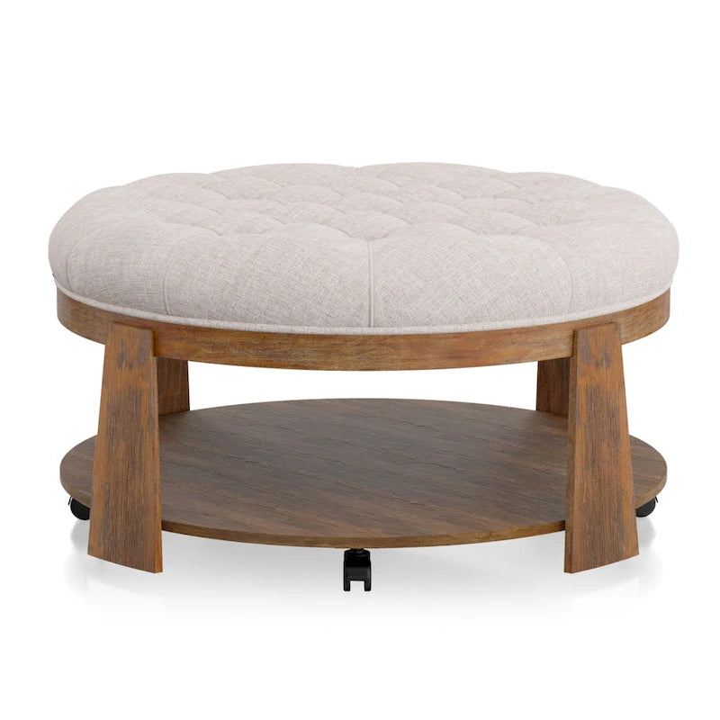 Transitional Round Natural Wood Open-Shelf Tufted Ottoman with Wheels