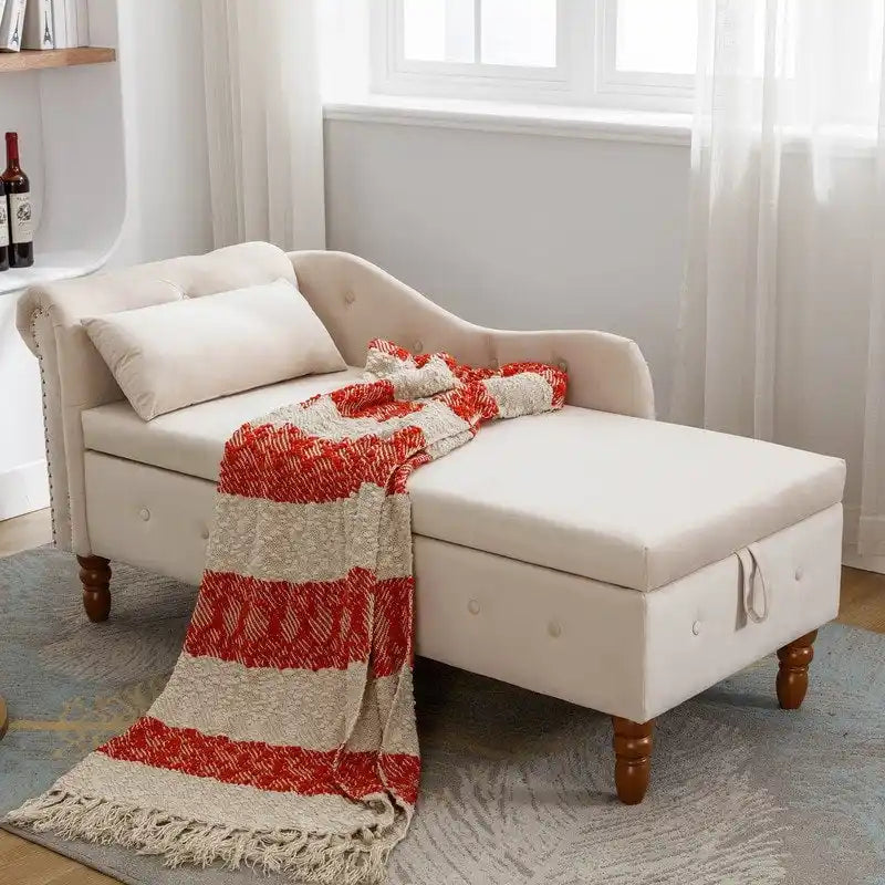 Chaiselongue für Innenräume, Samt-Loungesessel für Schlafzimmer mit Stauraum und Kissen, moderne gepolsterte Chaiselongue mit gerollter Armlehne