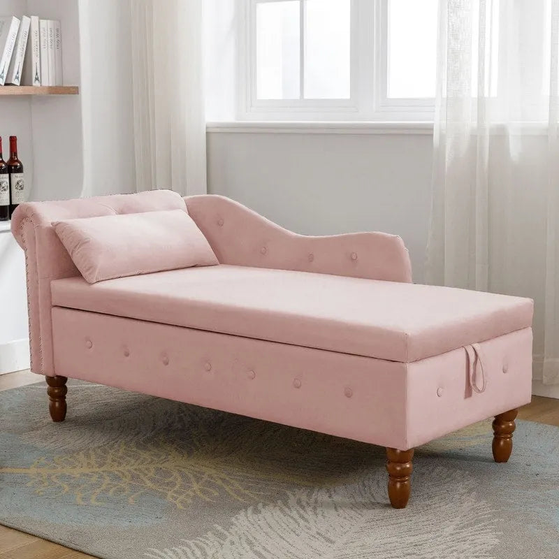 Chaise Lounge Indoor,Velvet Lounge Chair for Bedroom with Storage & Pillow,Modern Upholstered Rolled Arm Chase Lounge