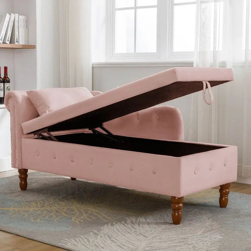 Chaise Lounge Indoor,Velvet Lounge Chair for Bedroom with Storage & Pillow,Modern Upholstered Rolled Arm Chase Lounge