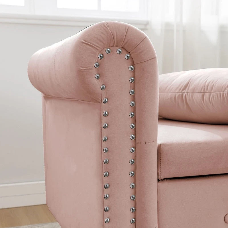 Chaise Lounge Indoor,Velvet Lounge Chair for Bedroom with Storage & Pillow,Modern Upholstered Rolled Arm Chase Lounge