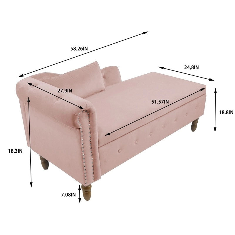 Chaise Lounge Indoor,Velvet Lounge Chair for Bedroom with Storage & Pillow,Modern Upholstered Rolled Arm Chase Lounge