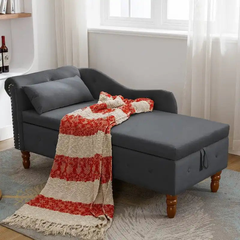Chaise Lounge Indoor,Velvet Lounge Chair for Bedroom with Storage & Pillow,Modern Upholstered Rolled Arm Chase Lounge