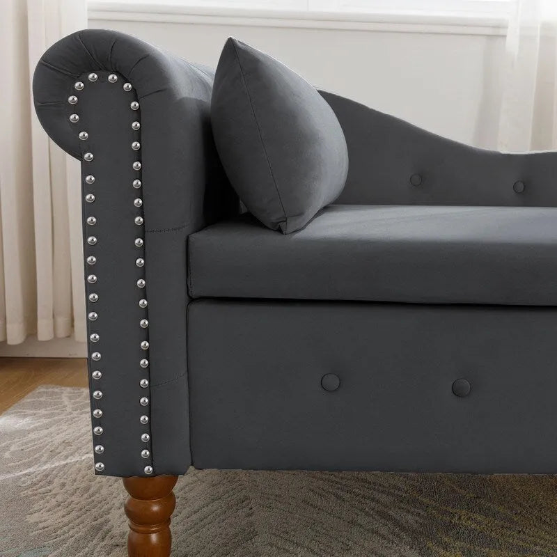 Chaise Lounge Indoor,Velvet Lounge Chair for Bedroom with Storage & Pillow,Modern Upholstered Rolled Arm Chase Lounge