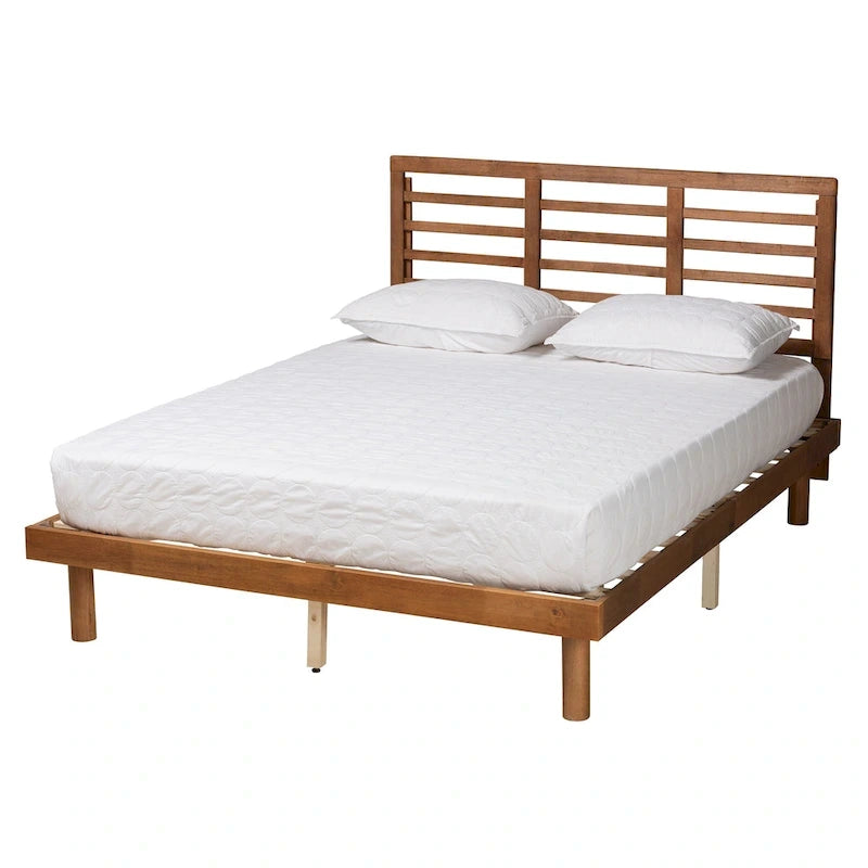 Mid-Century Modern Ash Walnut Finished Wood Platform Bed