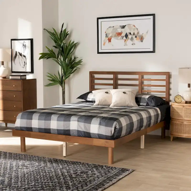Mid-Century Modern Ash Walnut Finished Wood Platform Bed