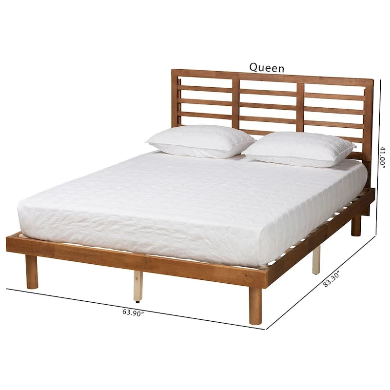 Mid-Century Modern Ash Walnut Finished Wood Platform Bed