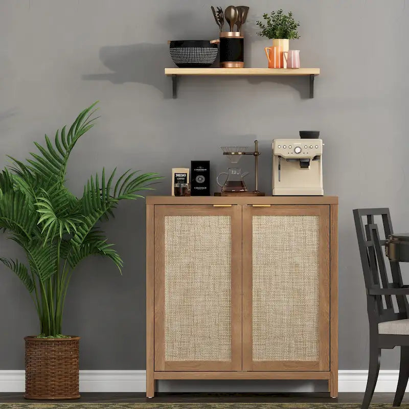 Rattan Sideboard Buffet Accent Storage Cabinet with 2 Doors - N/A