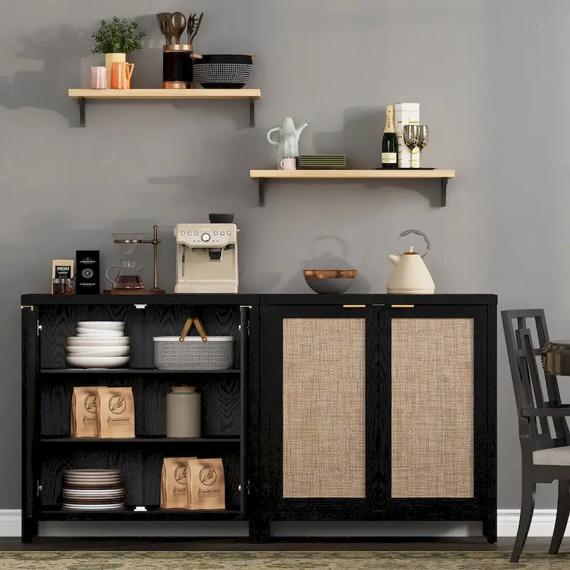 Rattan Sideboard Buffet Accent Storage Cabinet with 2 Doors - N/A