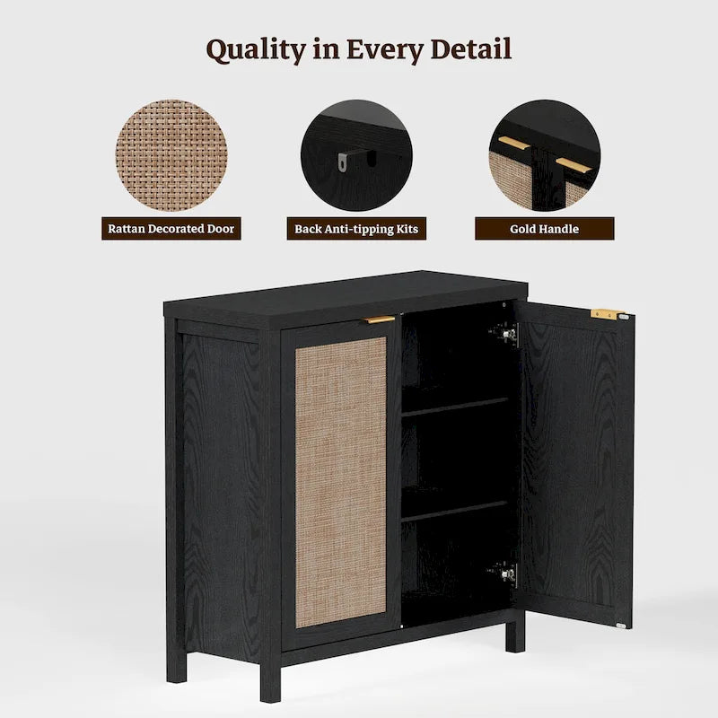 Rattan Sideboard Buffet Accent Storage Cabinet with 2 Doors - N/A