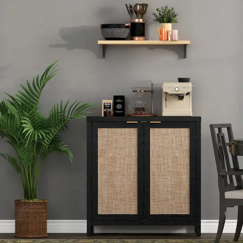 Rattan Sideboard Buffet Accent Storage Cabinet with 2 Doors - N/A