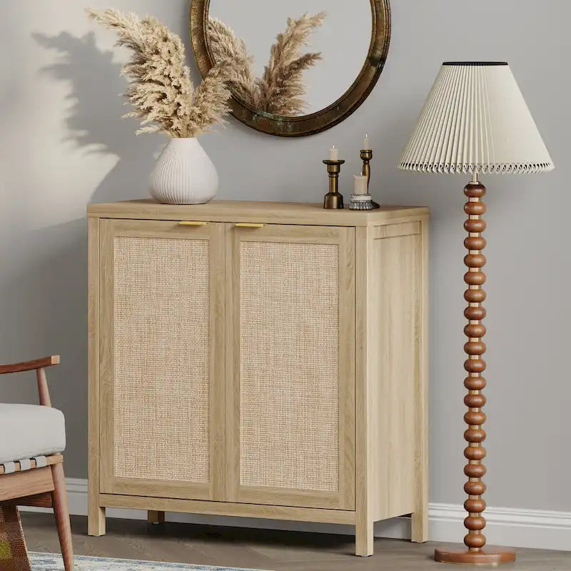 Rattan Sideboard Buffet Accent Storage Cabinet with 2 Doors - N/A