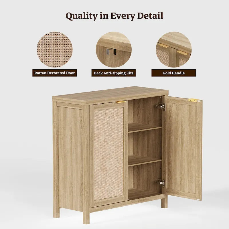 Rattan Sideboard Buffet Accent Storage Cabinet with 2 Doors - N/A