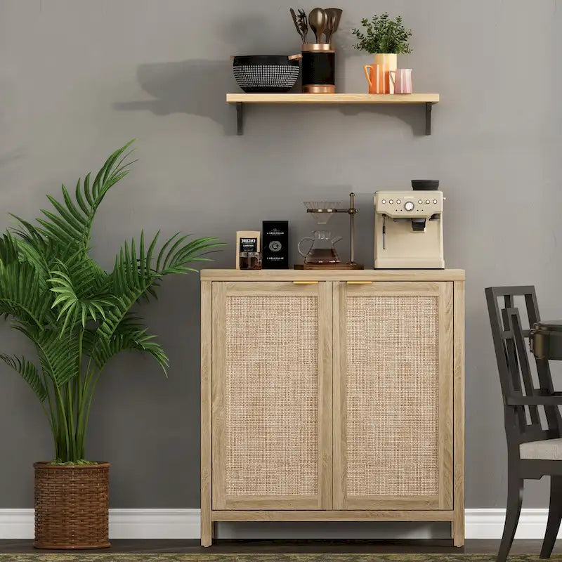 Rattan Sideboard Buffet Accent Storage Cabinet with 2 Doors - N/A