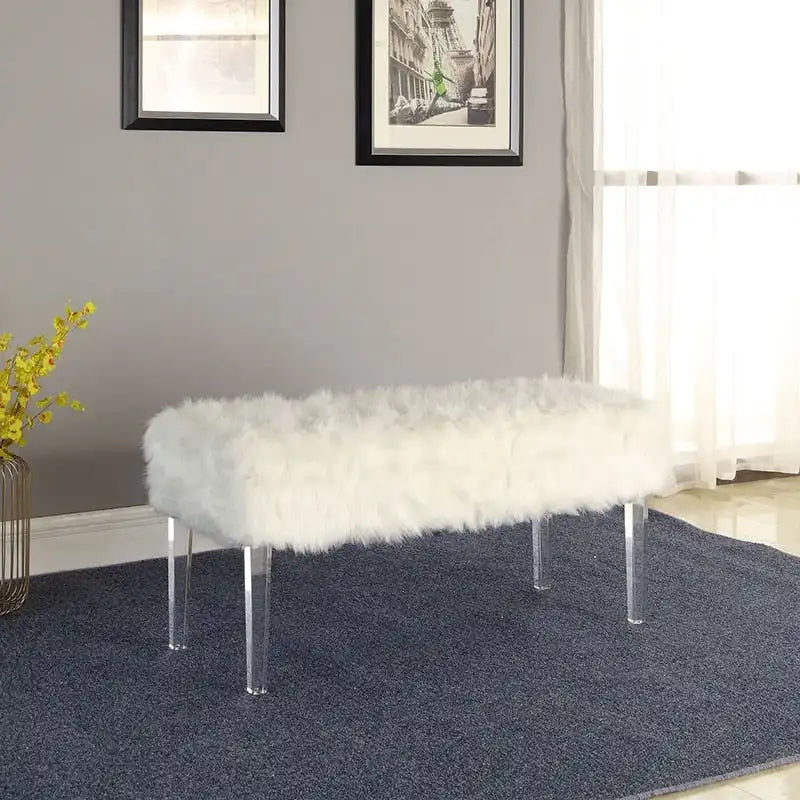 20 Inch Faux Fur Nailhead Storage Bench with Acrylic Leg