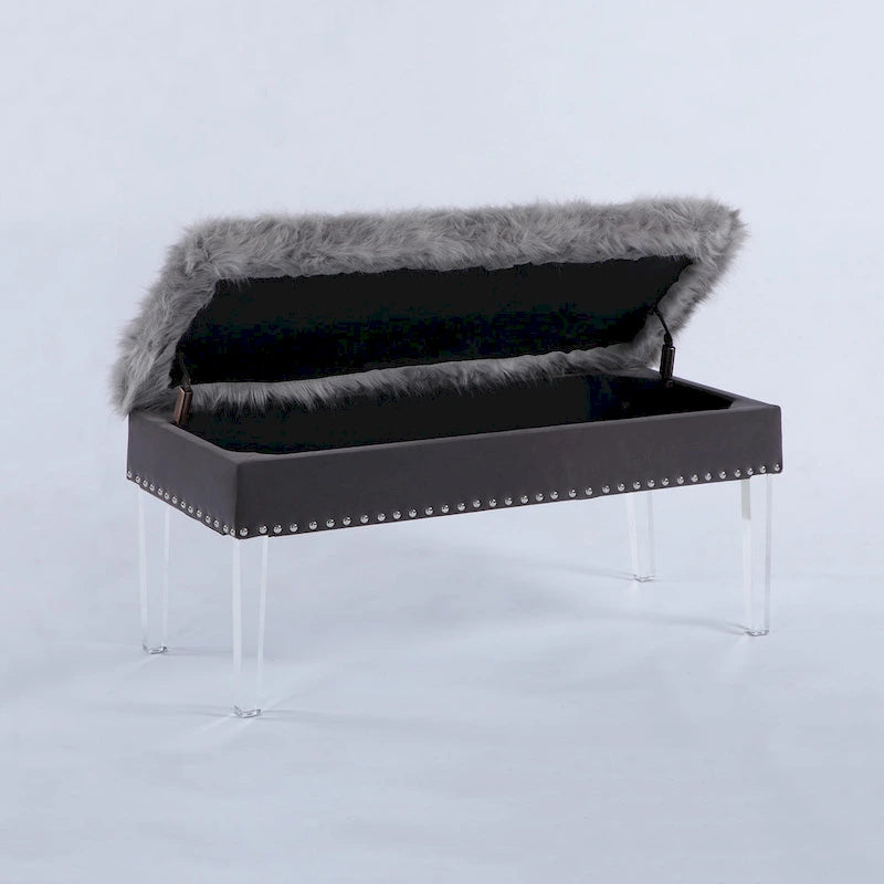 20 Inch Faux Fur Nailhead Storage Bench with Acrylic Leg