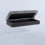 20 Inch Faux Fur Nailhead Storage Bench with Acrylic Leg