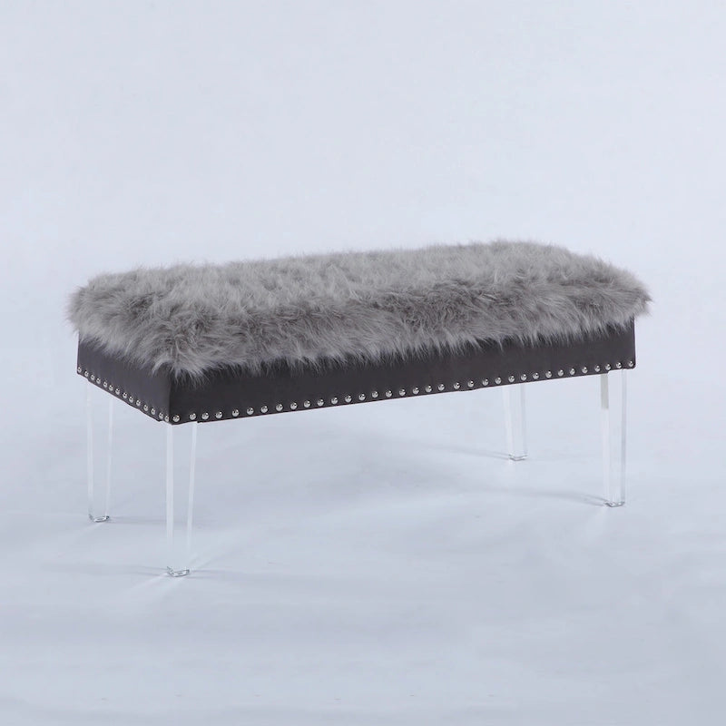 20 Inch Faux Fur Nailhead Storage Bench with Acrylic Leg