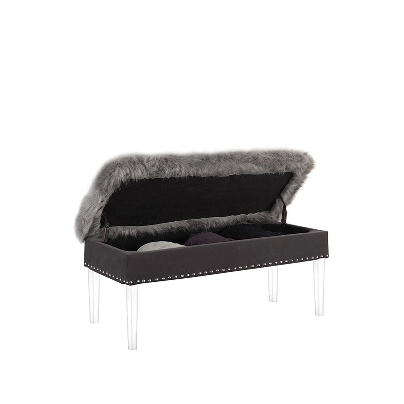 20 Inch Faux Fur Nailhead Storage Bench with Acrylic Leg