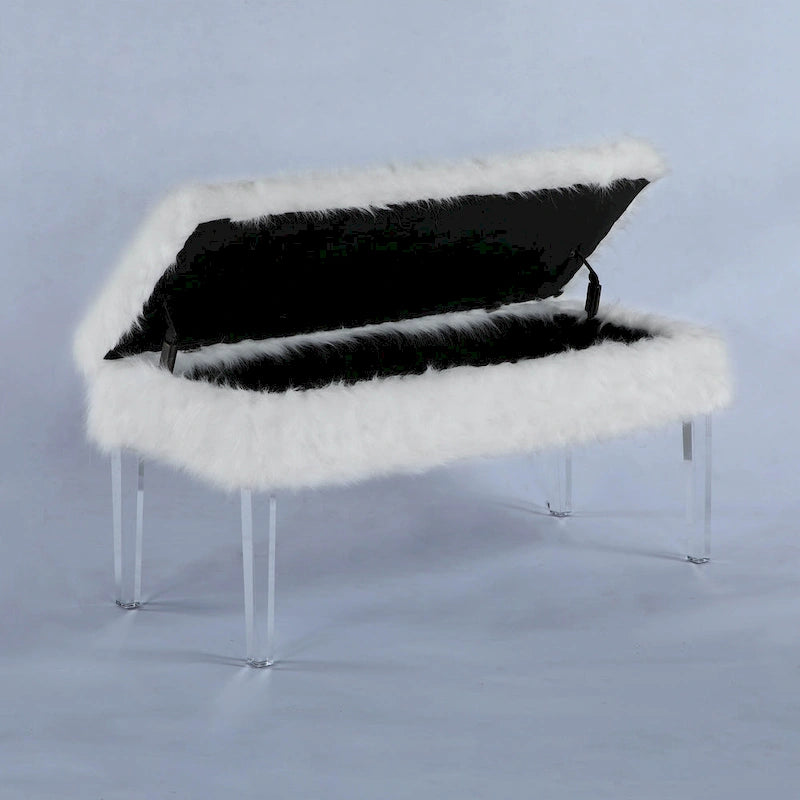 20 Inch Faux Fur Nailhead Storage Bench with Acrylic Leg